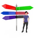 3d character , woman standing near to a empty different direction pointed arrows sign board