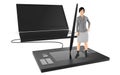 3d character , woman standing over a large graphic tablet and leaning towards a stylus , near to a large latop