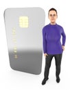 3d character , woman standing to a chip enabled electronic card