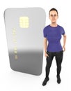 3d character , woman standing to a chip enabled electronic card