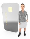 3d character , woman standing to a chip enabled electronic card