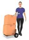3d character , woman , trolley cart with cardboard box