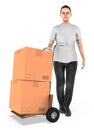 3d character , woman , trolley cart with cardboard box