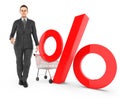 3d character , woman , trolley and percentage sign