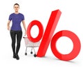 3d character , woman , trolley and percentage sign