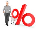 3d character , woman , trolley and percentage sign