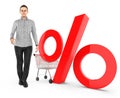 3d character , woman , trolley and percentage sign