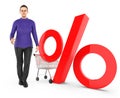 3d character , woman , trolley and percentage sign