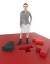 3d character , woman uncertain , choosing correct jigsw shape