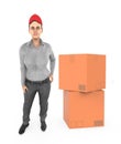 3d character , woman wearing a cap and standing near cardboard boxes Royalty Free Stock Photo