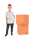 3d character , woman wearing a cap and standing near cardboard boxes Royalty Free Stock Photo