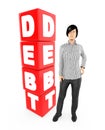 3d character , woman worry , crying standing near a debt text in cube blocks