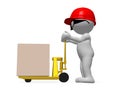 3d character workman with red hard hat pushing pallet truck