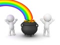 3D Characters are happy next to pot of gold at the end of the rainbow