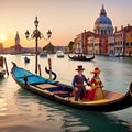 people sailing in gondolas at gran canal in venice in antique times, illustration