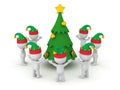 3D Characters wearing Elf Hats standing around a Decorated Cartoonish Christmas Tree