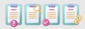 3d check. Document with magnifier and cogwheels. Paper page at clipboard tablet. Checkmark and question icon. Agreement