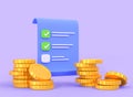 3D Check list with stack gold coins on purple background. Paper bill for tax or service payment. Budget planning Royalty Free Stock Photo