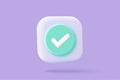 3d check mark icon isolated on purple background. check list button best choice for right, success, tick, accept, agree on