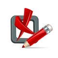 3d Check Mark. Red pencil and cross mark in checkbox. Royalty Free Stock Photo