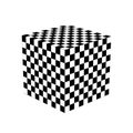 3D checkered cube isolated on white background. Isometric box with chequered pattern. Square shape in three dimension