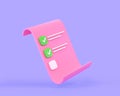 3D Checklist with check marks. Pink sheet paper with test or quiz questions, notepad page with task list, online survey Royalty Free Stock Photo