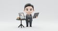3D Chibi Korean Male Instructional Designer with Laptop Tablet and Books Isolated on White Background