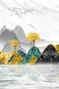 3d chinese landscape. gray background golden tree and birds colorful mountains and white background. for canvas art print Royalty Free Stock Photo