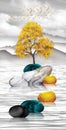 3d chinese landscape . gray background golden tree and birds , mountains and white clouds . golden, black, turquoise stone in wate