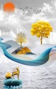 3d chinese landscape. gray background golden tree and birds , mountains and white clouds and orange sun. deerin stone in water. fo