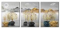 3d chinese landscape. gray background golden tree and birds , mountains and white clouds. stone in water. for canvas art print