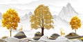 3d Chinese landscape wallpaper art. golden trees and colorful wavy marble mountains. deer and light gray background