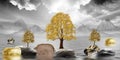 3d Chinese landscape wallpaper. golden trees, deer, mountains, and white clouds. golden, black, turquoise stone in water.