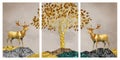 3d Chinese landscape wallpaper. gray background with the golden trees, deer . golden, black, turquoise, black mountains