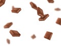 3d chocolate background, flying bars. Sweet milk candy cubes, chunk dark cocoa slices, broken dessert snack. Focus and