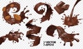 3D Chocolate splash isolate realistic vector eps set, pieces of chocolate bar, swirl and drop, wave, falling Royalty Free Stock Photo