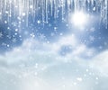 3D Christmas background with snowflakes and icicles Royalty Free Stock Photo