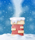 3D Christmas Brick Chimney Pipe on Snow Roof.