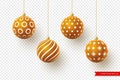 3d Christmas brown balls with geometric pattern. Decorative elements for holiday new year design. Isolated on