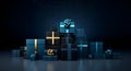 3D Christmas Card Design with Blue Presents on Dark Background