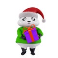 3D Christmas character. Cartoon character, holding a gift box, 3d render. New Year`s Panda bear in a sweater