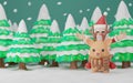3D Christmas characters. Cute Santa Claus and reindeer render, trees with snow, . New Year winter banner. three