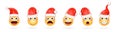 3d christmas emoticons. Xmas emojis, smiling emoticon faces in santa claus cap, yellow crazy smiles facial feelings