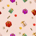 3d christmas gift box pattern. Confetti fall, birthday or wedding gold giftbox, party ribbons, red xmas. Colorful Royalty Free Stock Photo