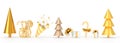 3D Christmas icon set. Gold trees, gift boxes with ribbon and bow, candy cane, party popper with confetti. New Year