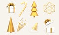 3D Christmas icon set. Luxury white and gold of New Year decorations. Holiday gift boxes, candy cane, xmas tree, party