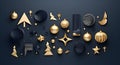 3D Christmas Icons on Blue Background with Light Gold and Navy