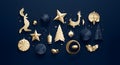 3D Christmas Icons on Blue Background with Light Gold and Navy