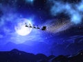 3D Christmas moonlit landscape with santa and reindeers in the s