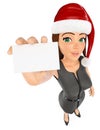3d christmas people illustration. Businesswoman with santa hat and blank card. Isolated white background